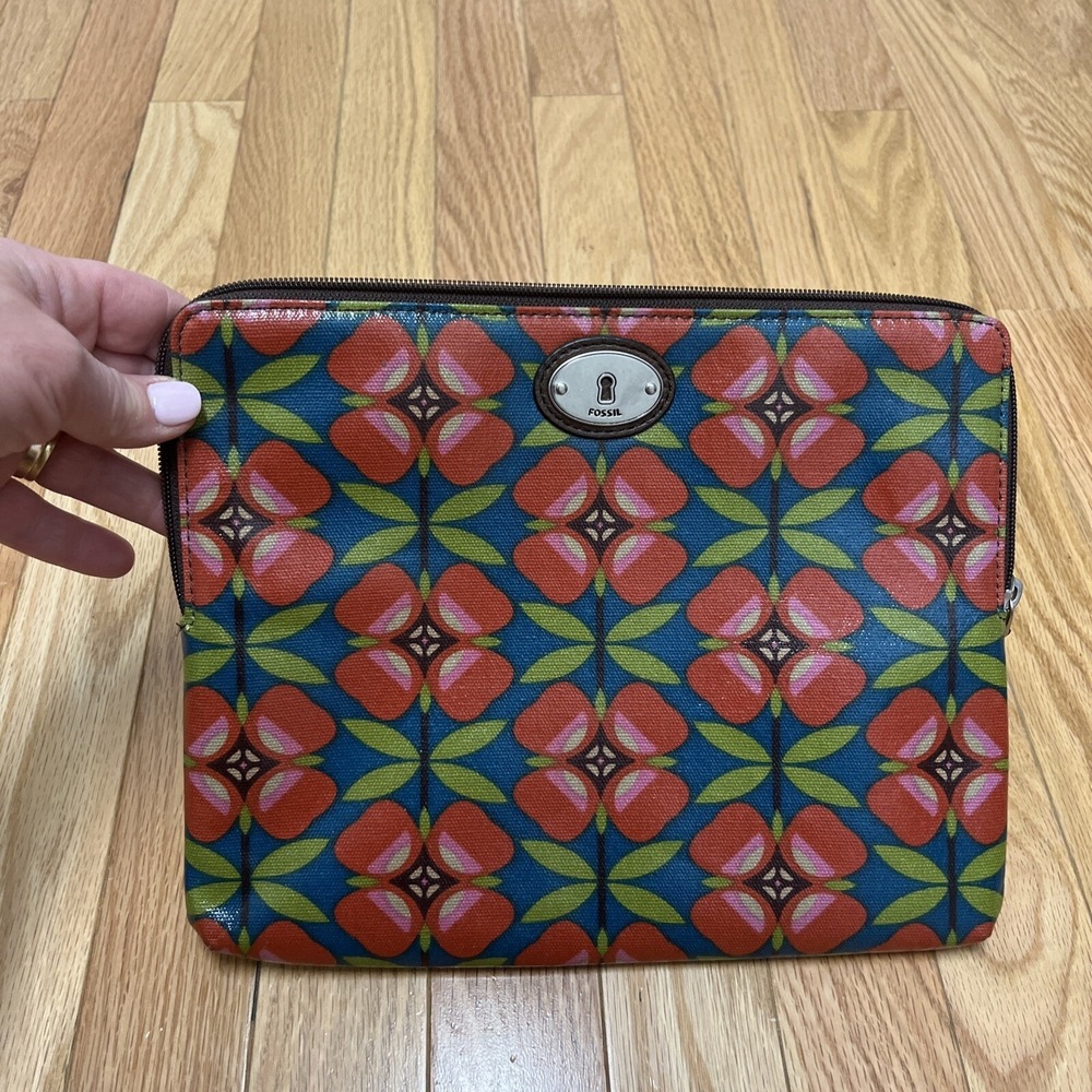 Fossil Zipper Case Tablet iPad Key-Per Floral Red Blue Green Pattern 10.5 x 8.5"